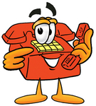 Clip Art Graphic of a Red Landline Telephone Cartoon Character Holding a Telephone