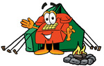 Clip Art Graphic of a Red Landline Telephone Cartoon Character Camping With a Tent and Fire
