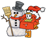 Clip Art Graphic of a Red Landline Telephone Cartoon Character With a Snowman on Christmas
