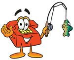 Clip Art Graphic of a Red Landline Telephone Cartoon Character Holding a Fish on a Fishing Pole