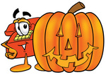 Clip Art Graphic of a Red Landline Telephone Cartoon Character With a Carved Halloween Pumpkin