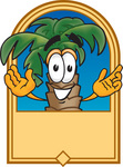 Clip Art Graphic of a Tropical Palm Tree Cartoon Character on a Blank Tan Label Logo