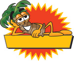 Clip Art Graphic of a Tropical Palm Tree Cartoon Character Reclining Over a Blank Yellow Label With a Burst