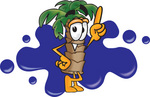 Clip Art Graphic of a Tropical Palm Tree Cartoon Character Pointing Upwards in Front of a Blue Paint Splatter on a Logo