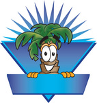 Clip Art Graphic of a Tropical Palm Tree Cartoon Character Over a Blank Blue Label Logo With a Burst