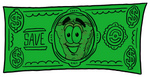 Clip Art Graphic of a Cheese Pizza Slice Cartoon Character on a Dollar Bill