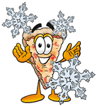 Clip Art Graphic of a Cheese Pizza Slice Cartoon Character Surrounded by Falling Snowflakes in Winter