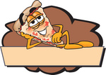 Clip Art Graphic of a Cheese Pizza Slice Cartoon Character Reclining on a Tan and Brown Logo Label