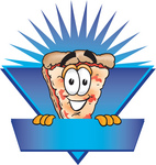Clip Art Graphic of a Cheese Pizza Slice Cartoon Character on a Blue Label Logo With a Burst