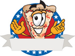Clip Art Graphic of a Cheese Pizza Slice Cartoon Character on a Blank American Label With a White Banner, Red Background and White Stars Over Blue
