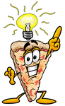 Clip Art Graphic of a Cheese Pizza Slice Cartoon Character With a Lightbulb Over His Head