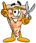 Clip Art Graphic of a Cheese Pizza Slice Cartoon Character Holding a Pair of Scissors