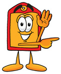 Clip Art Graphic of a Red and Yellow Sales Price Tag Cartoon Character Waving and Pointing to the Right