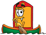Clip Art Graphic of a Red and Yellow Sales Price Tag Cartoon Character Rowing a Boat