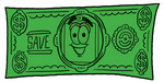 Clip Art Graphic of a Red and Yellow Sales Price Tag Cartoon Character on a Dollar Bill