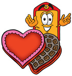 Clip Art Graphic of a Red and Yellow Sales Price Tag Cartoon Character With an Open Box of Valentines Day Chocolate Candies