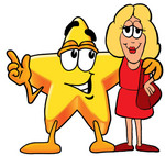 Clip Art Graphic of a Yellow Star Cartoon Character Talking to a Pretty Blond Woman