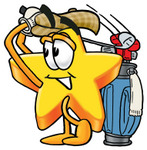 Clip Art Graphic of a Yellow Star Cartoon Character Swinging His Golf Club While Golfing