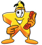 Clip Art Graphic of a Yellow Star Cartoon Character Holding a Phone