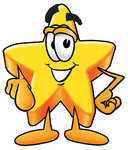 Clip Art Graphic of a Yellow Star Cartoon Character Pointing Outwards at the Viewer