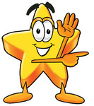 Clip Art Graphic of a Yellow Star Cartoon Character Waving and Pointing to the Right While Giving Directions
