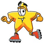 Clip Art Graphic of a Yellow Star Cartoon Character Roller Blading on Inline Skates