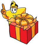 Clip Art Graphic of a Yellow Star Cartoon Character Standing by a Christmas Present