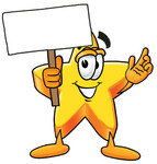 Clip Art Graphic of a Yellow Star Cartoon Character Holding a Blank Sign