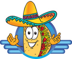 Clip Art Graphic of a Crunchy Hard Taco Character Wearing a Sombrero on a Blue Logo