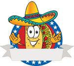 Clip Art Graphic of a Crunchy Hard Taco Character Wearing a Sombrero Over a Blank White Banner With a Red Background and Stars Over Blue on a Logo