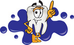 Clip Art Graphic of a Human Molar Tooth Character Pointing Upwards While Standing in Front of a Blue Paint Splatter on a Logo