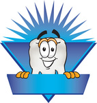 Clip Art Graphic of a Human Molar Tooth Character Over a Blank Blue Label With a Burst