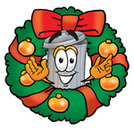 Clip Art Graphic of a Metal Trash Can Cartoon Character in the Center of a Christmas Wreath