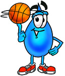 Clip Art Graphic of a Blue Waterdrop or Tear Character Spinning a Basketball on His Finger