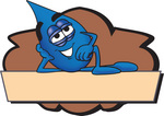 Clip Art Graphic of a Blue Waterdrop or Tear Character Reclining on a Blank Tan Label
