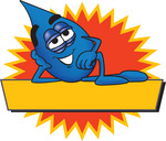 Clip Art Graphic of a Blue Waterdrop or Tear Character Reclining Over a Blank Yellow Banner in Front of a Burst on a Label