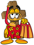 Clip Art Graphic of a Wooden Cross Cartoon Character in Orange and Red Snorkel Gear