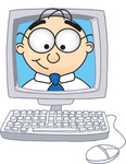Clip Art Graphic of a Geeky Caucasian Businessman Cartoon Character Inside a Computer Screen