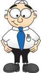 Clip Art Graphic of a Geeky Caucasian Businessman Cartoon Character Standing With His Hands on His Hips