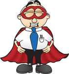 Clip Art Graphic of a Geeky Caucasian Businessman Cartoon Character Dressed as a Super Hero