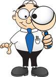 Clip Art Graphic of a Geeky Caucasian Businessman Cartoon Character Looking Through a Magnifying Glass