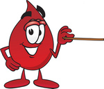 Clip Art Graphic of a Transfusion Blood Droplet Mascot Cartoon Character Holding a Pointer Stick