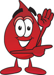 Clip Art Graphic of a Transfusion Blood Droplet Mascot Cartoon Character Waving and Pointing