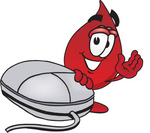 Clip Art Graphic of a Transfusion Blood Droplet Mascot Cartoon Character With a Computer Mouse
