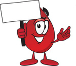Clip Art Graphic of a Transfusion Blood Droplet Mascot Cartoon Character Holding a Blank Sign