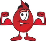 Clip Art Graphic of a Transfusion Blood Droplet Mascot Cartoon Character Flexing His Arm Muscles