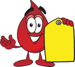 Clip Art Graphic of a Transfusion Blood Droplet Mascot Cartoon Character Holding a Yellow Sales Price Tag