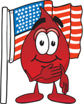 Clip Art Graphic of a Transfusion Blood Droplet Mascot Cartoon Character Pledging Allegiance to an American Flag