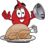 Clip Art Graphic of a Transfusion Blood Droplet Mascot Cartoon Character Serving a Thanksgiving Turkey on a Platter