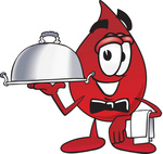 Clip Art Graphic of a Transfusion Blood Droplet Mascot Cartoon Character Dressed as a Waiter and Holding a Serving Platter